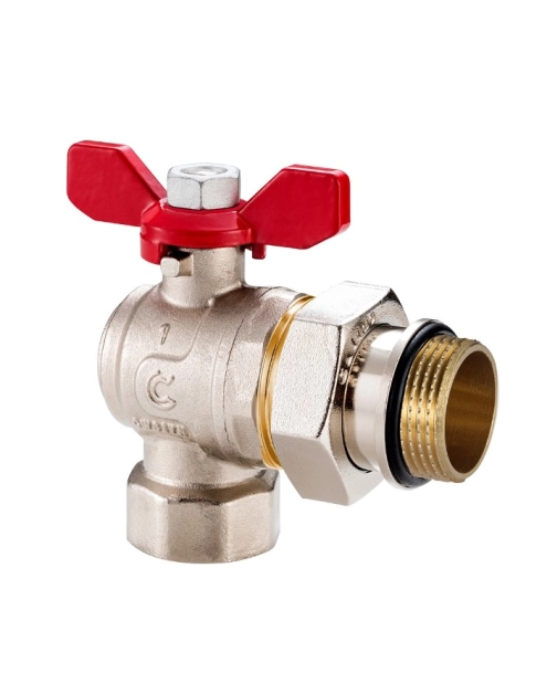 Zdjęcie: Zawór na zawieszce kulowy kątowy 1" w/z z półśrubunkiem, o-ringiem i motylkiem CALIDO