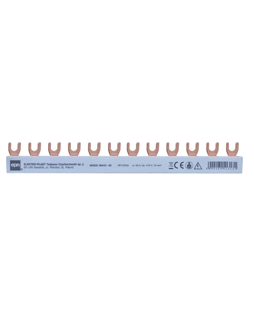 Zdjęcie: Szyna łączeniowa widełkowa 3-fazowa 12/215 mm, 10 mm2 63 A ELEKTRO-PLAST