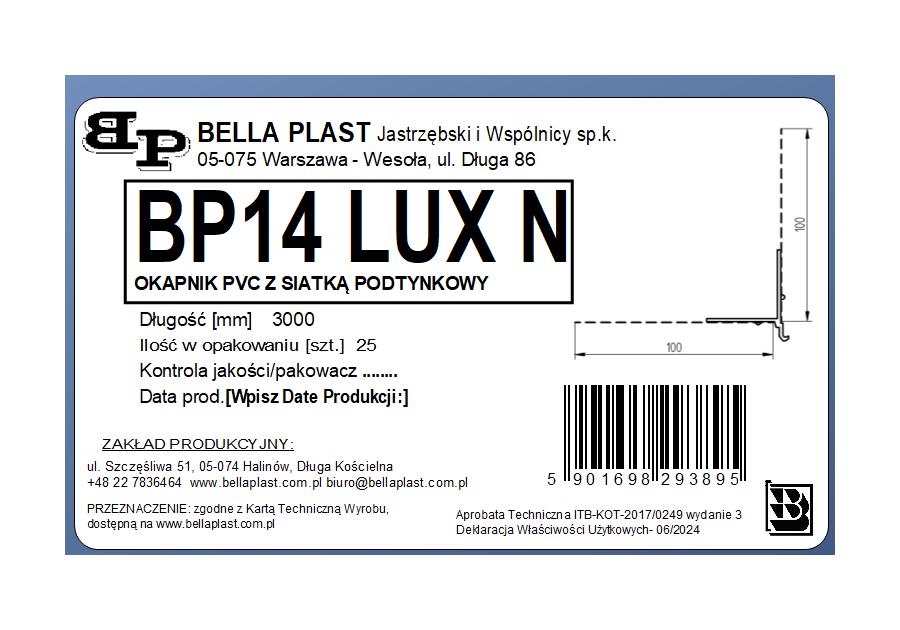 Zdjęcie: Listwa PVC okapnikowa, podtynkowa z siatką BP14 Lux N L300 biała BELLA PLAST