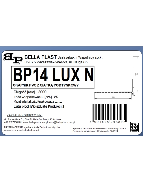 Zdjęcie: Listwa PVC okapnikowa, podtynkowa z siatką BP14 Lux N L300 biała BELLA PLAST