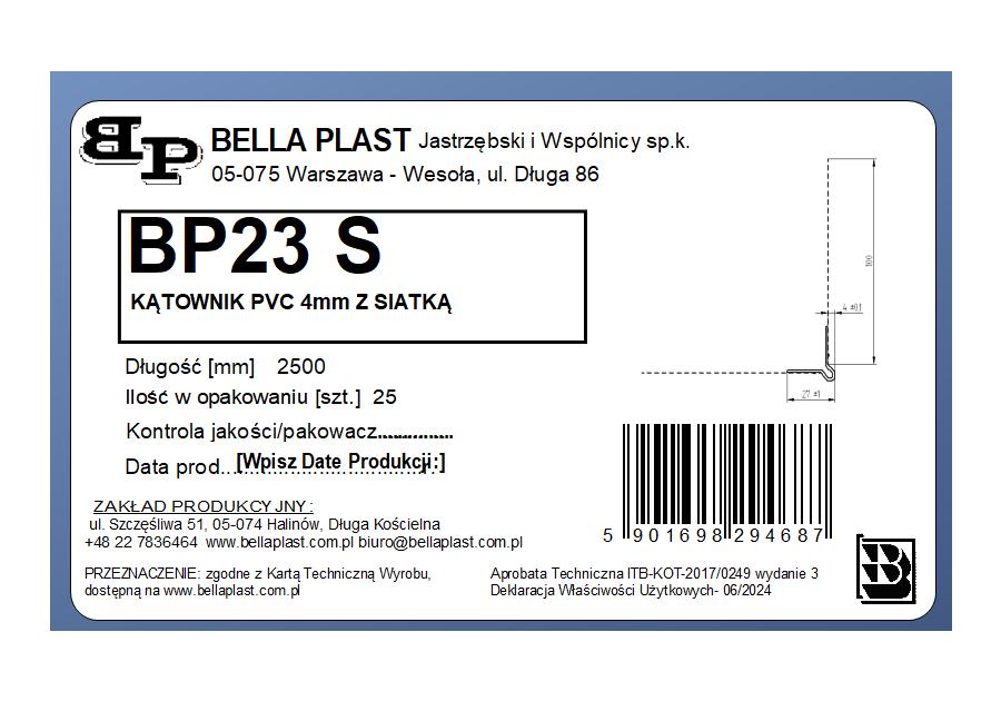 Zdjęcie: Kątownik PVC z grzbietem 4 mm z siatką BP23 S L250 biała BELLA PLAST
