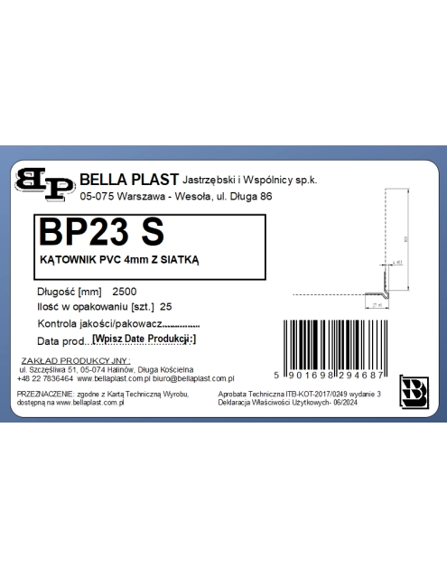 Zdjęcie: Kątownik PVC z grzbietem 4 mm z siatką BP23 S L250 biała BELLA PLAST