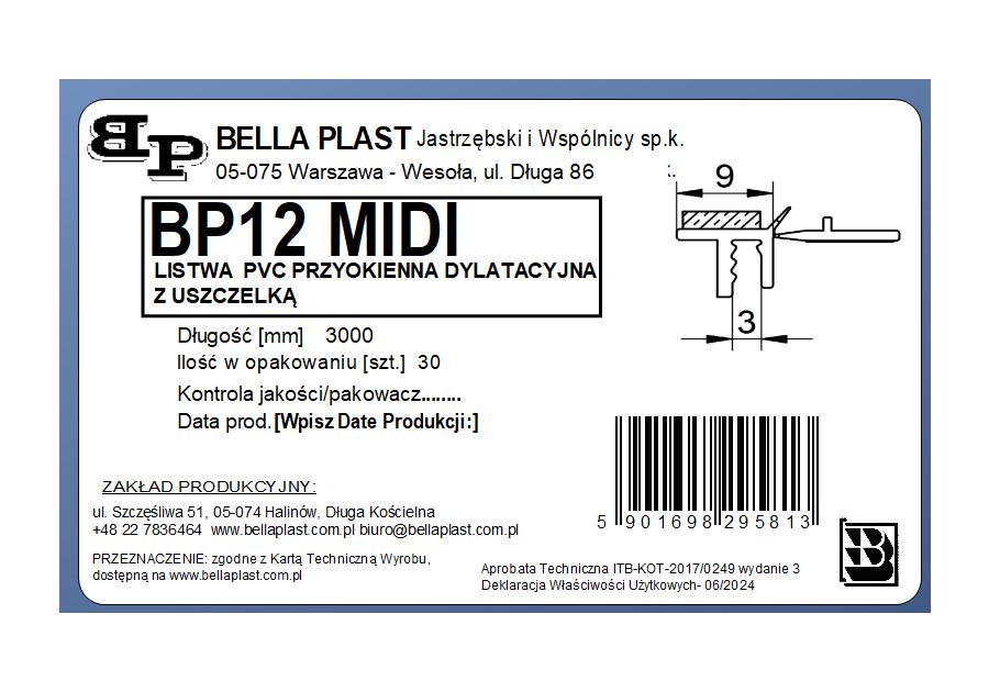 Zdjęcie: Listwa PVC przyokienna, dylatacyjna, tynkarska z uszczelką BP12 MIDI L300 9/3 biały BELLA PLAST