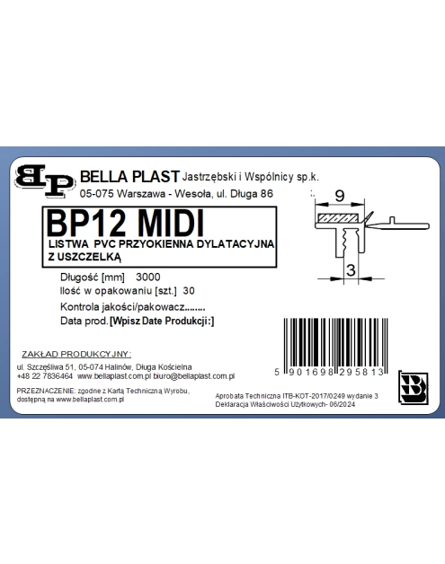 Zdjęcie: Listwa PVC przyokienna, dylatacyjna, tynkarska z uszczelką BP12 MIDI L300 9/3 biały BELLA PLAST
