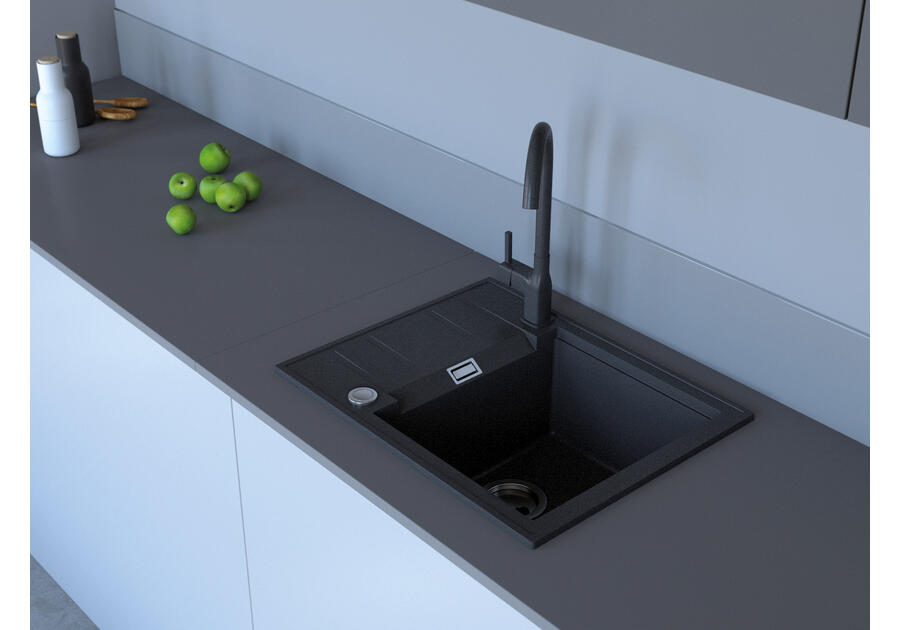 Zdjęcie: Zlewozmywak granitowy Avangard 1-komorowy grafitowy 58x46x21,5 cm syfon i bateria U MILÓ