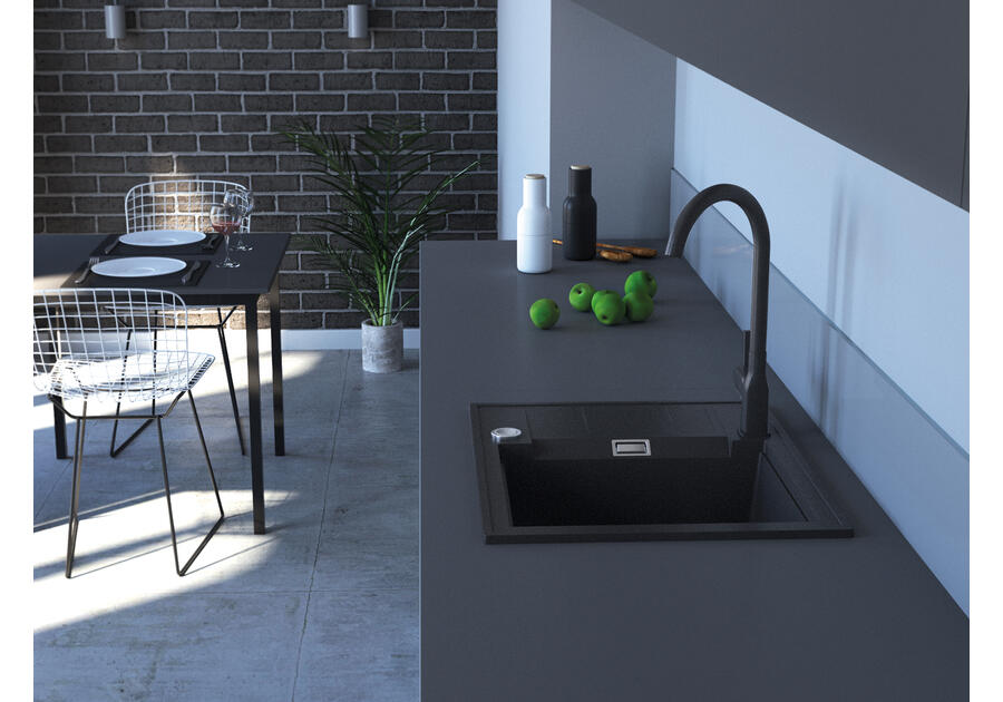 Zdjęcie: Zlewozmywak granitowy Avangard 1-komorowy grafitowy 58x46x21,5 cm syfon i bateria U MILÓ
