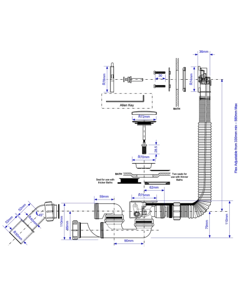 Zdjęcie: Zestaw odpływowo-przelewowy wannowy z odejściem 40/50 mm pokrętło mosiądz biały MCALPINE