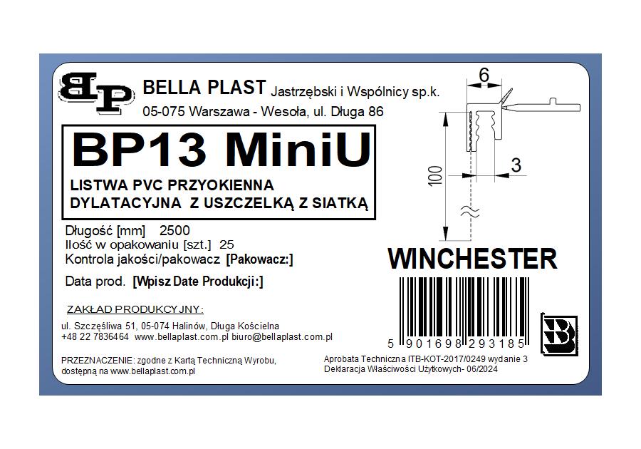Zdjęcie: Listwa PVC BP13 Mini U L250 6/3 winchester, z siatką i z uszczelką BELLA PLAST