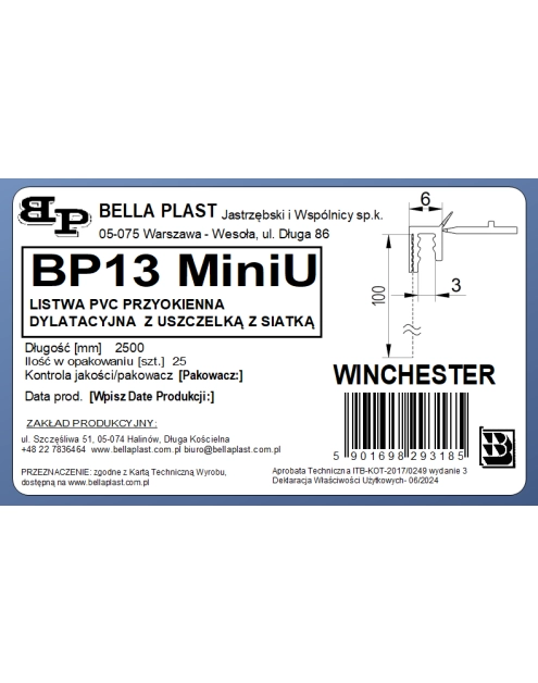 Zdjęcie: Listwa PVC BP13 Mini U L250 6/3 winchester, z siatką i z uszczelką BELLA PLAST