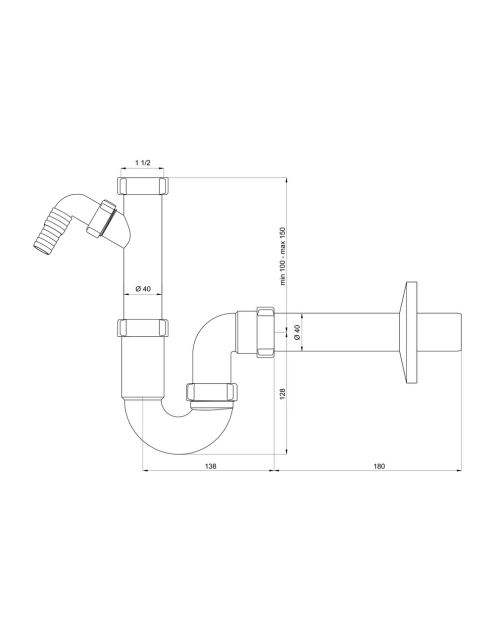 Zdjęcie: Syfon zlewozmywakowy rurowy pojedynczy bez spustu z wyjściem na pralkę/zmywarkę TYCNER