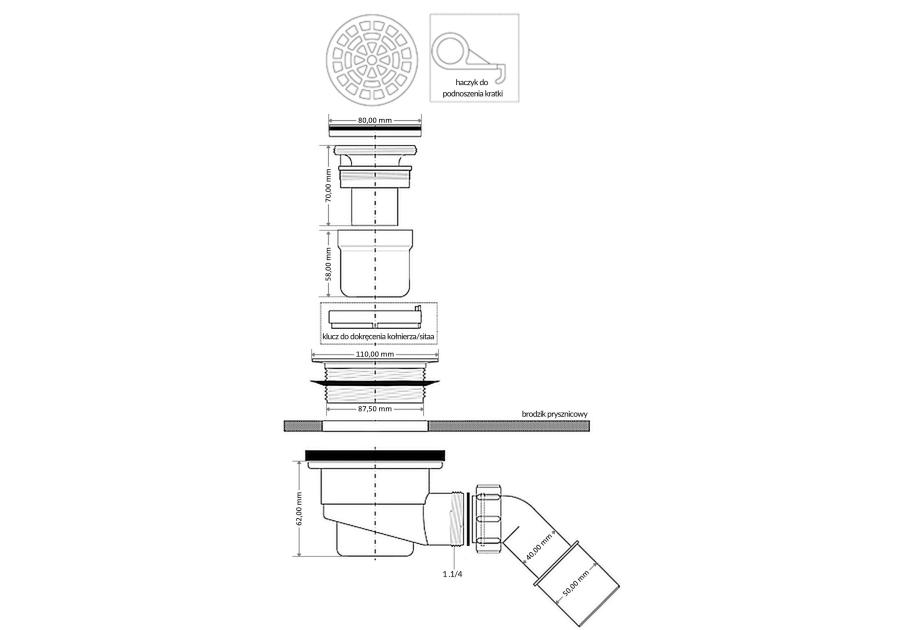 Zdjęcie: Syfon brodzikowy wys. 80 mm z odejściem 40/50 mm pokrywa mosiądz chrom 113 mm MCALPINE