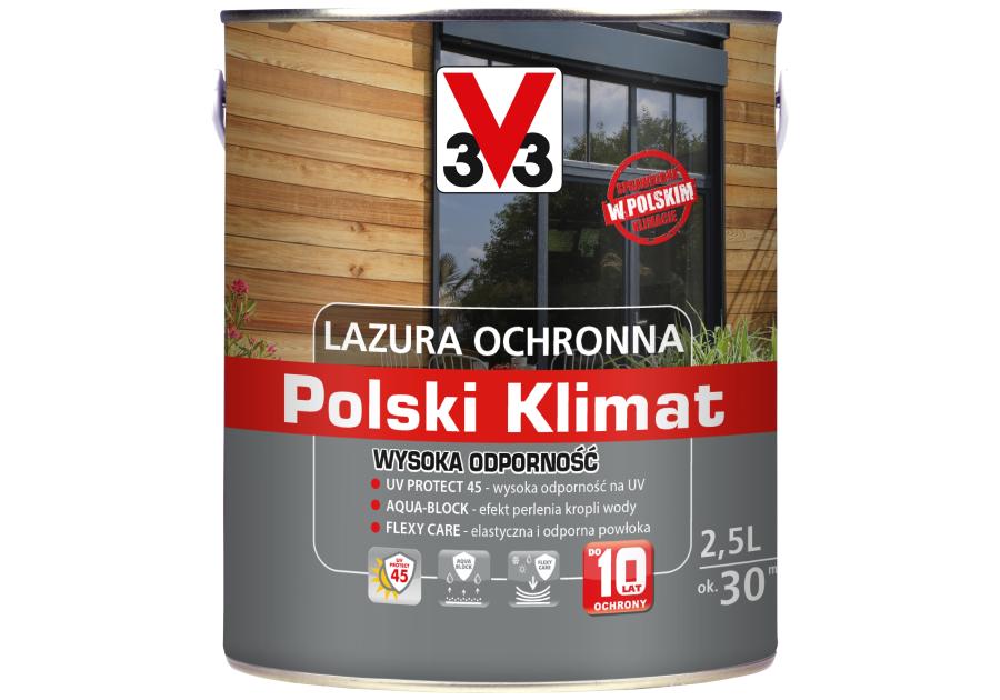 Zdjęcie: Lazura ochronna Polski Klimat Wysoka Odporność Sosna skandynawska 2,5 L V33