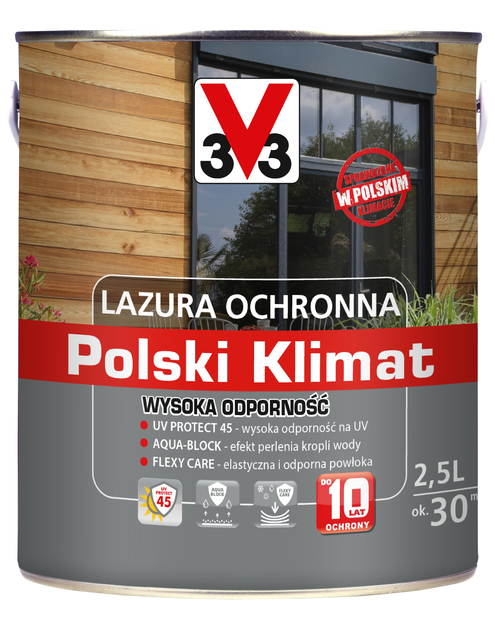 Zdjęcie: Lazura ochronna Polski Klimat Wysoka Odporność Sosna skandynawska 2,5 L V33